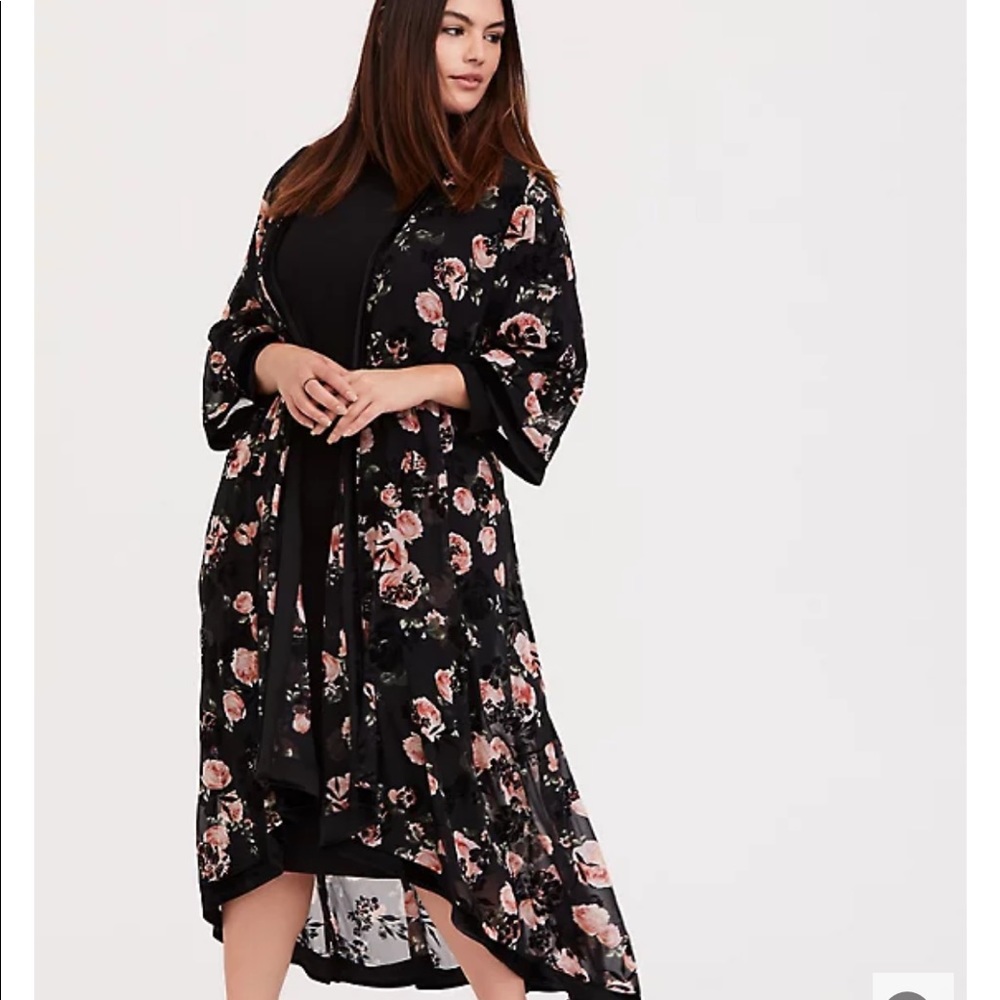 Black Chiffon Flocked Floral Longline Kimono